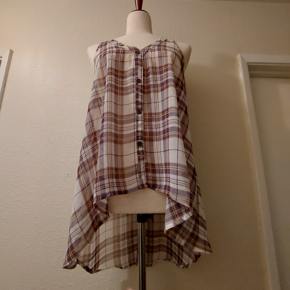 DECREE: V Neck Plaid Button Hi-low Chiffon Top | Size M - Picture 10 of 16